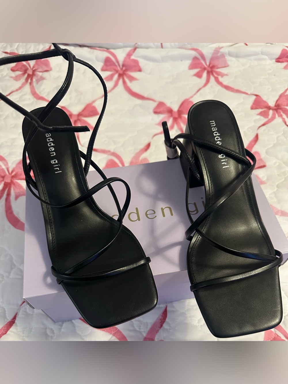 Madden Girl Black Strappy Square-Toe Lace-Up Heels